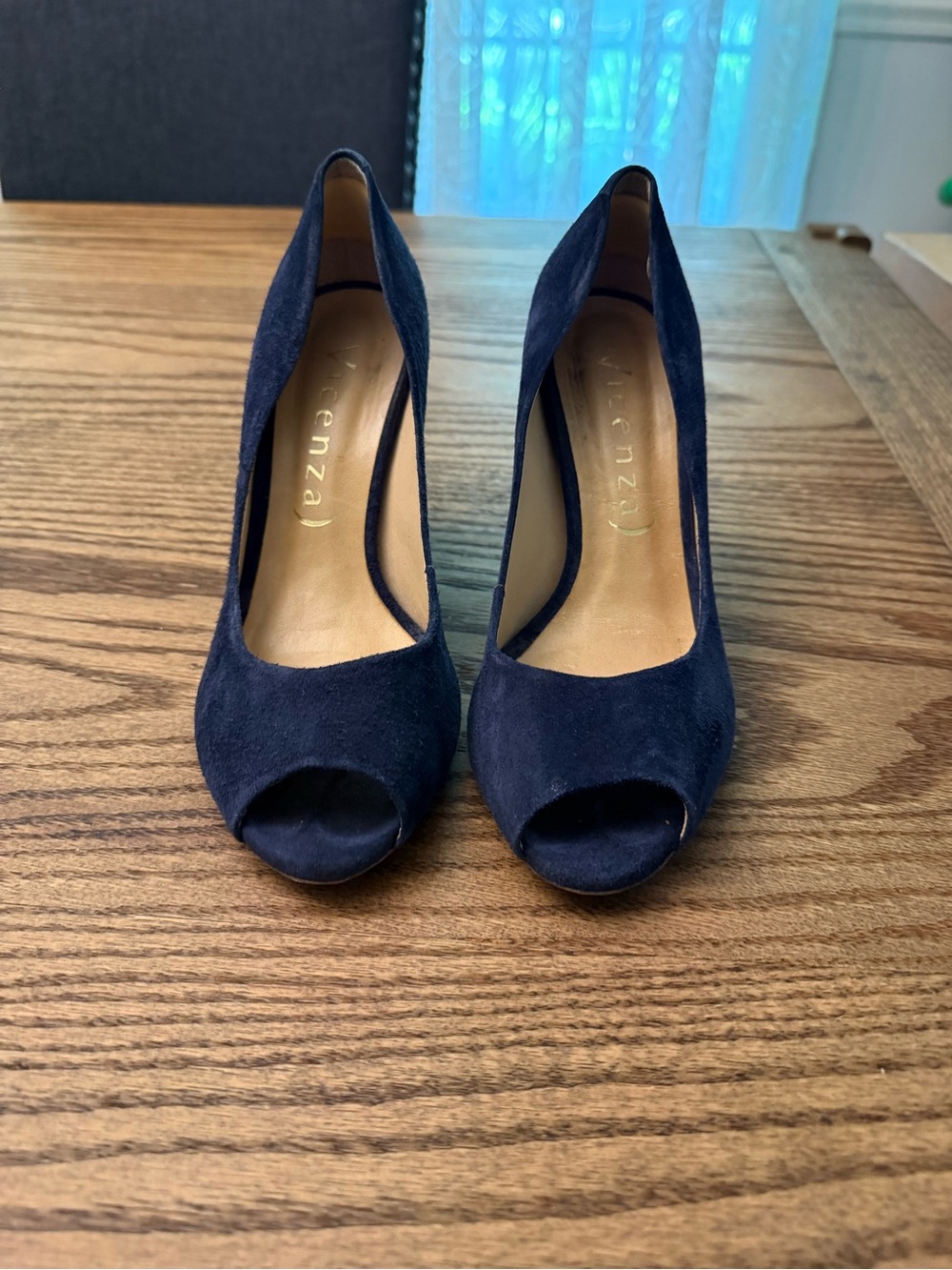 Vicenza Navy Suede Peep-Toe Pumps